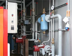 Inside view of boiler showing twin heat exchangers, circulating pumps, and in-line filters